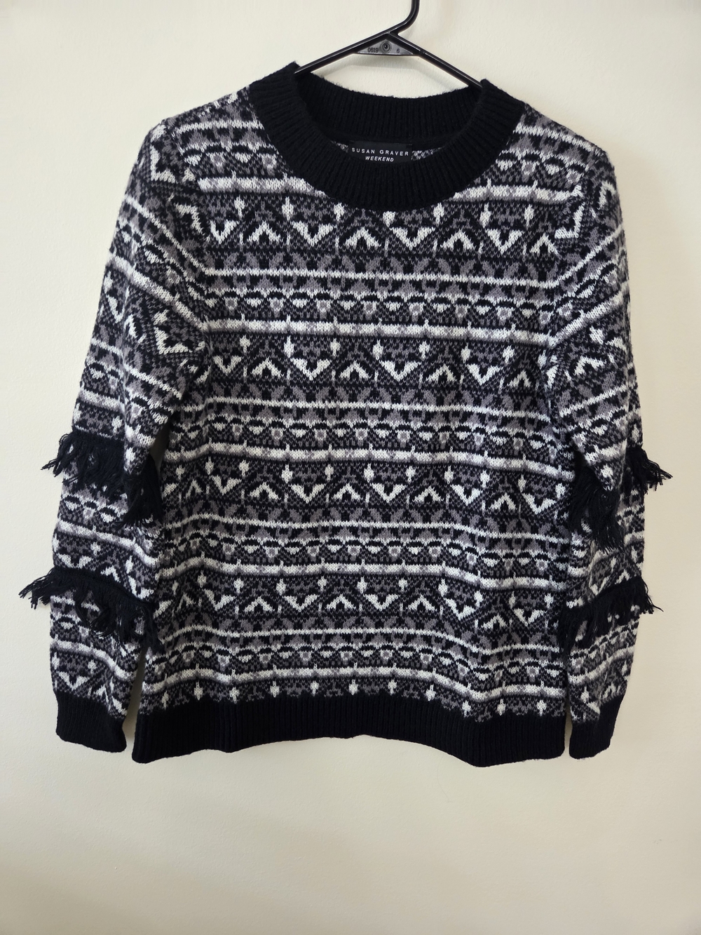 Black & White Patterned Fringe Sleeve Sweater - Susan Graver-Size XXS